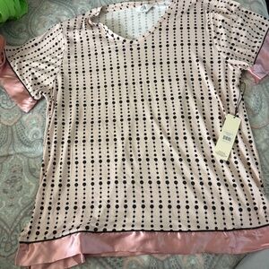 AEROSOLES Pink and Black Dot Satin Blouse